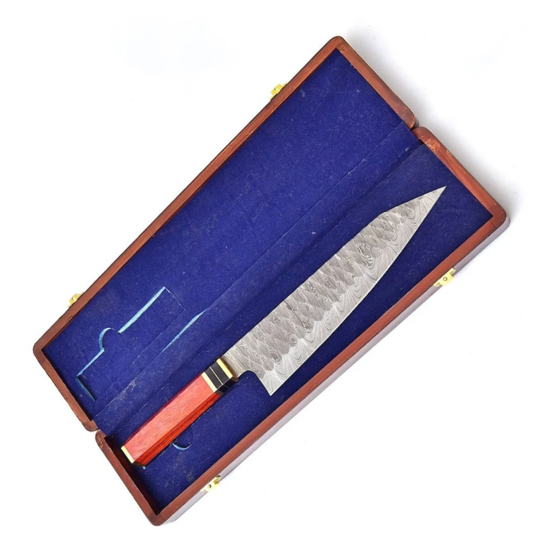 Hot Sale Japanese Style 12.0 Inches Professional Chef Damascus Steel Kitchen Bamboo Wood Box Leather Sheath Food Preparation