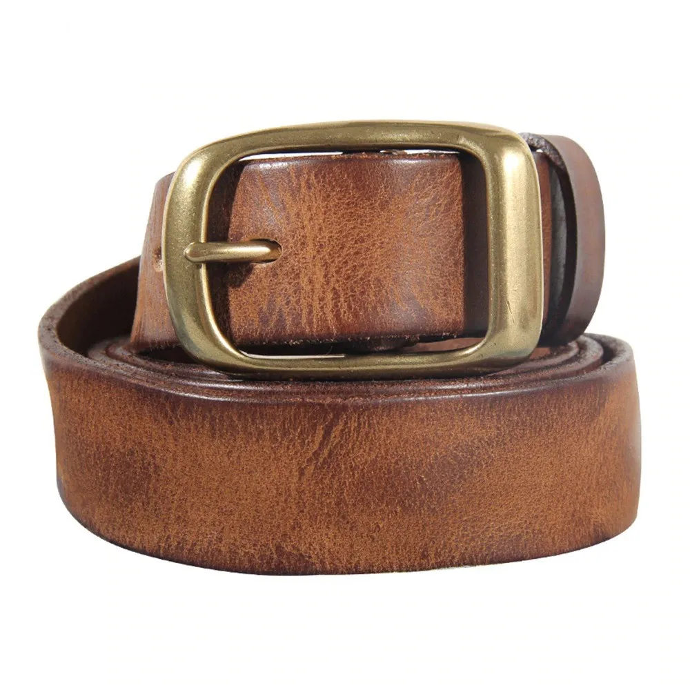 Men Retro Cowhide Leather Brass Pin Buckle Metal Belt Top Quality Solid Pure Cow Skin Belts Men 3.3cm Width