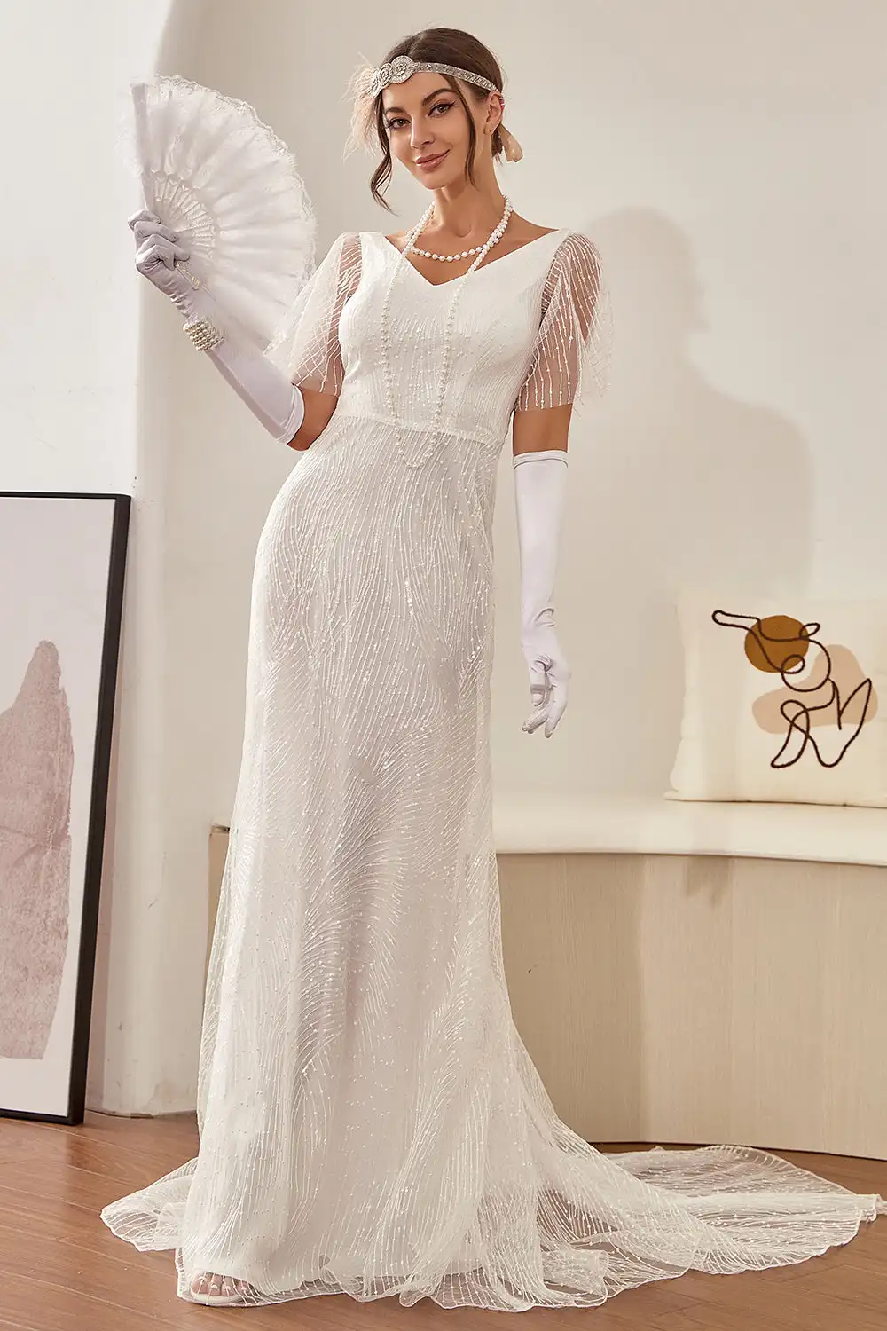 Mermaid White V-Neck Long Wedding Dress Vintage Beading V Neck Short Sleeves White Bride Wedding Dresses for Women