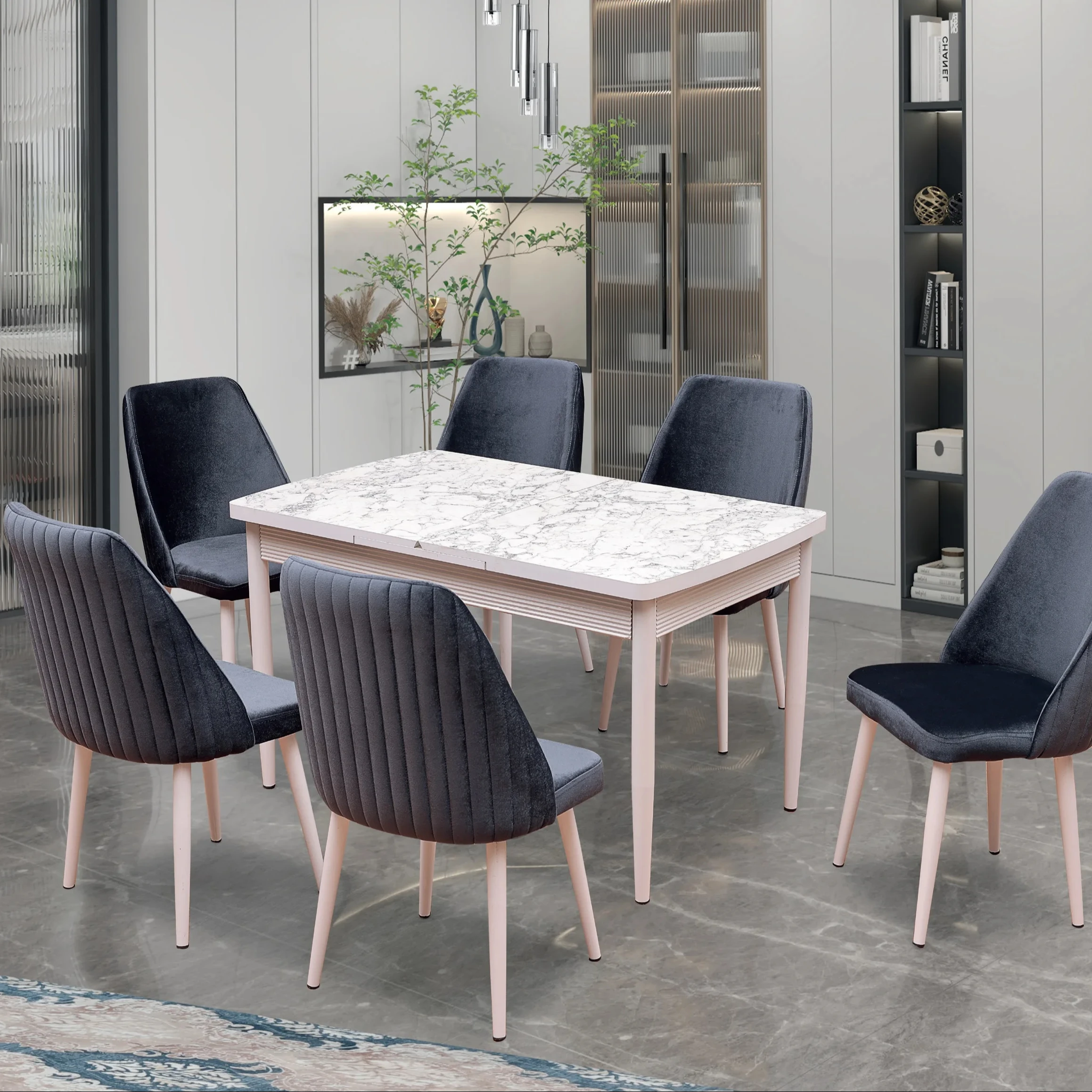 Oslo Table Set MDF   6  Chair Home  Luxury Foldable Dining   Extension Table Adjustable  Furniture Glass Marble Wood