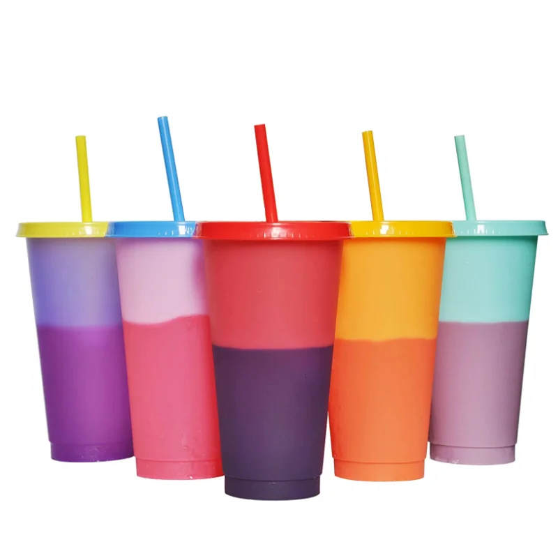 Wholesale Custom 24oz Plastic Reusable Cup For Coffee Tea Party Personalized Red Clear Color Changing Plastic Cup With Lid Straw