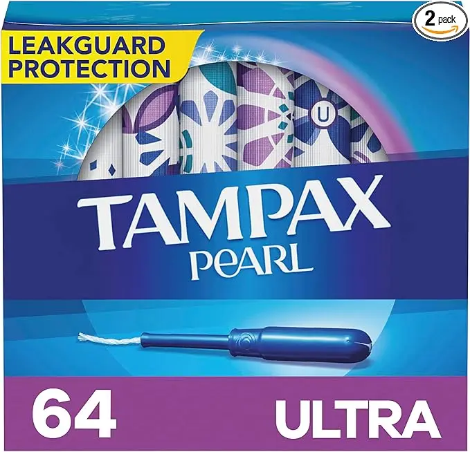 Tampax Pearl Tampons Ultra Absorbency with BPA-Free Plastic Applicator/LeakGuard Braid, Unscented, 32 Count x 2 Packs (64 Count)