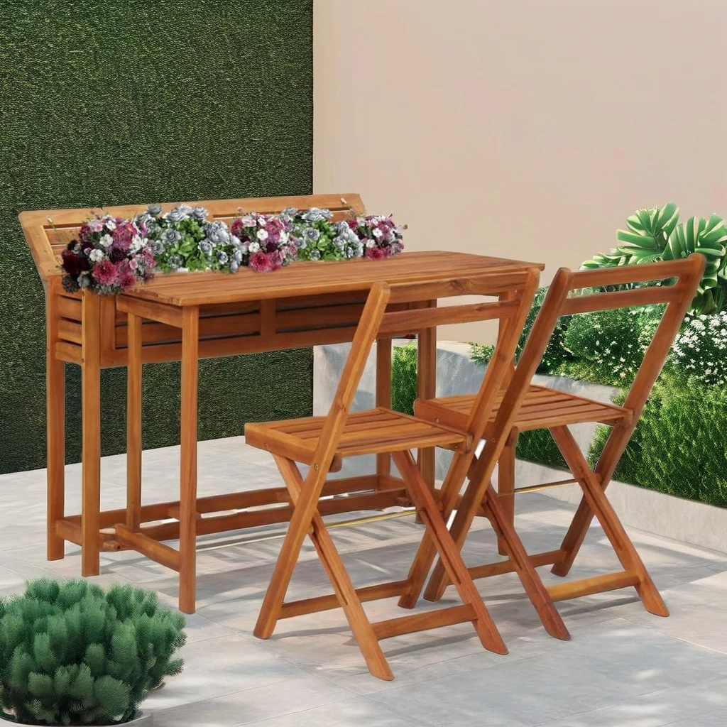 Modern Outdoor Furniture Set Solid Acacia Wood Garden Planter Table with 2 Bistro Chairs for Dining and Parks