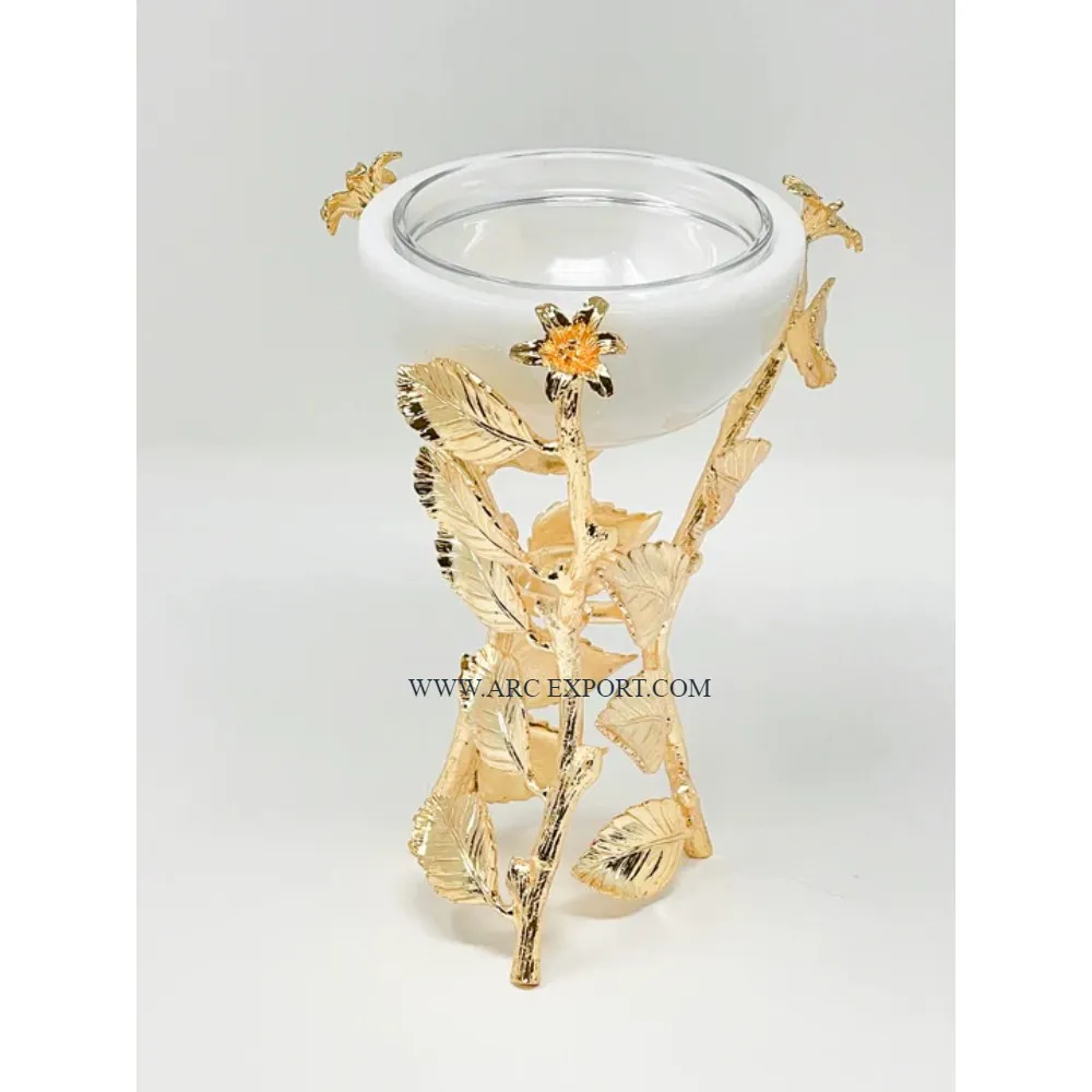 White Marble Home Oud Burner Deluxe Quality Gold Polished Leaf Designing Metal Stand Clear Glass Incense Burner Lowest Price