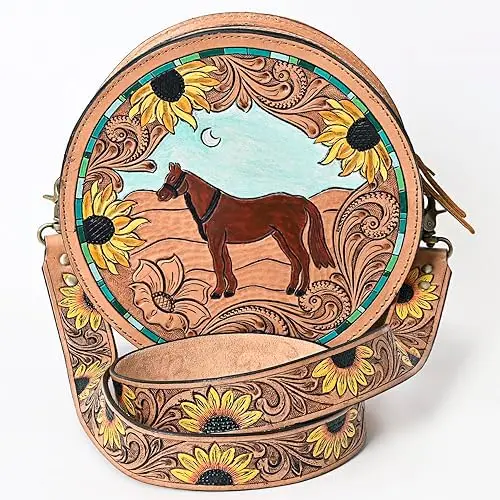 New Western Style Tooled Cowhide Leather Canteen Bag Hand Tooled Round Shape Handbag Women Tooled Leather Shoulder Sling Bag