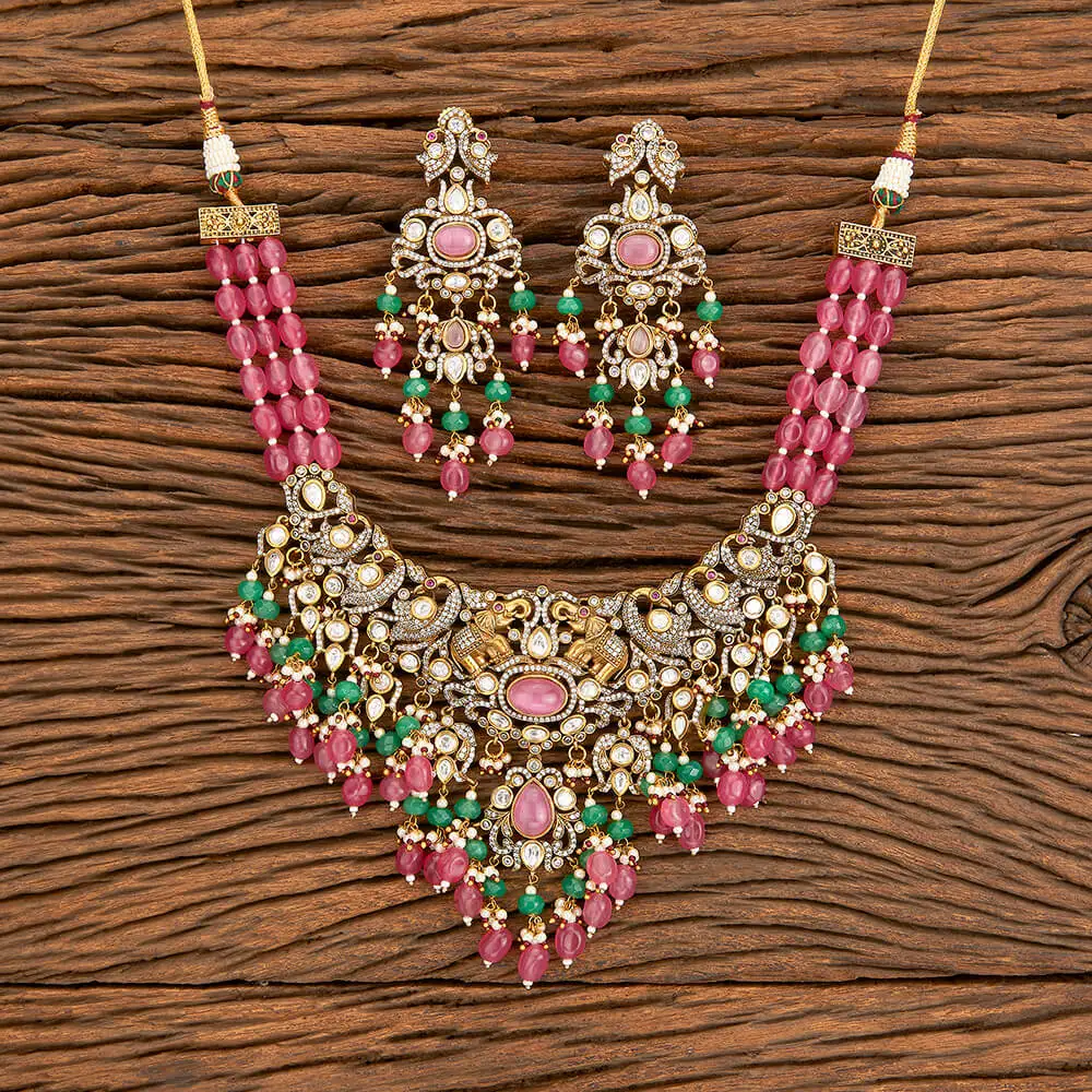 Luxury Kundan Pearl Beaded Necklace Set With Mehndi Plating Polki Jewellery For Bridal Look