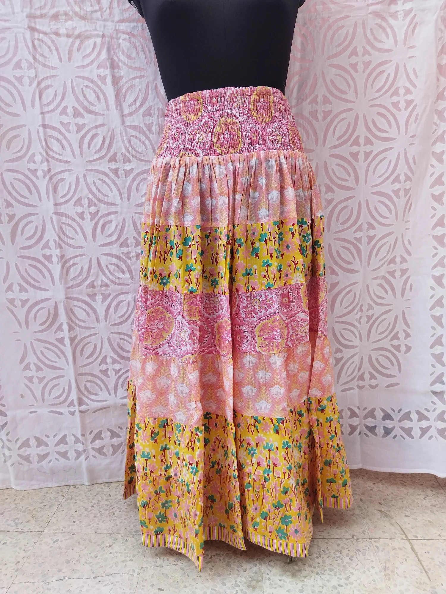 Wholesale Hand Block Printed Cotton One Tire Skirt With Smoking Waist & Maxi Standard, Colorful Bohemian Skirt Casual Beach Wear