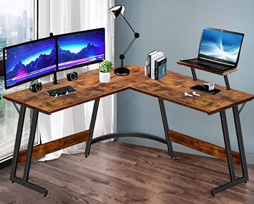 L shaped big size office home black color wood surface carbon fiber board metal feet gaming desk with Monitor stand