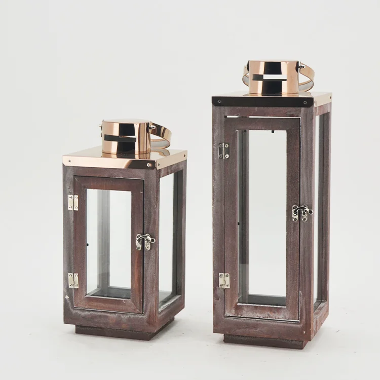 Hot Selling Fancy Style Home And Garden Wood Glass Lantern For Candle With Stainless Steel Top
