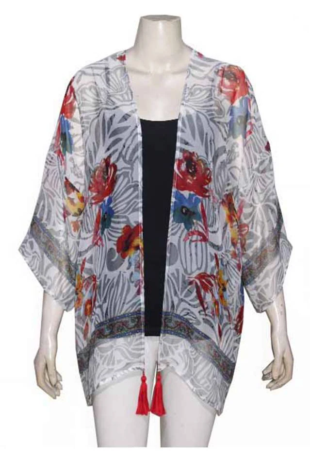 Ladies Kimono Robe Luxury Long Sleeve Sexy Women Robs Femme 100% poly chiffon tassel embellishment print front open kimono wrap