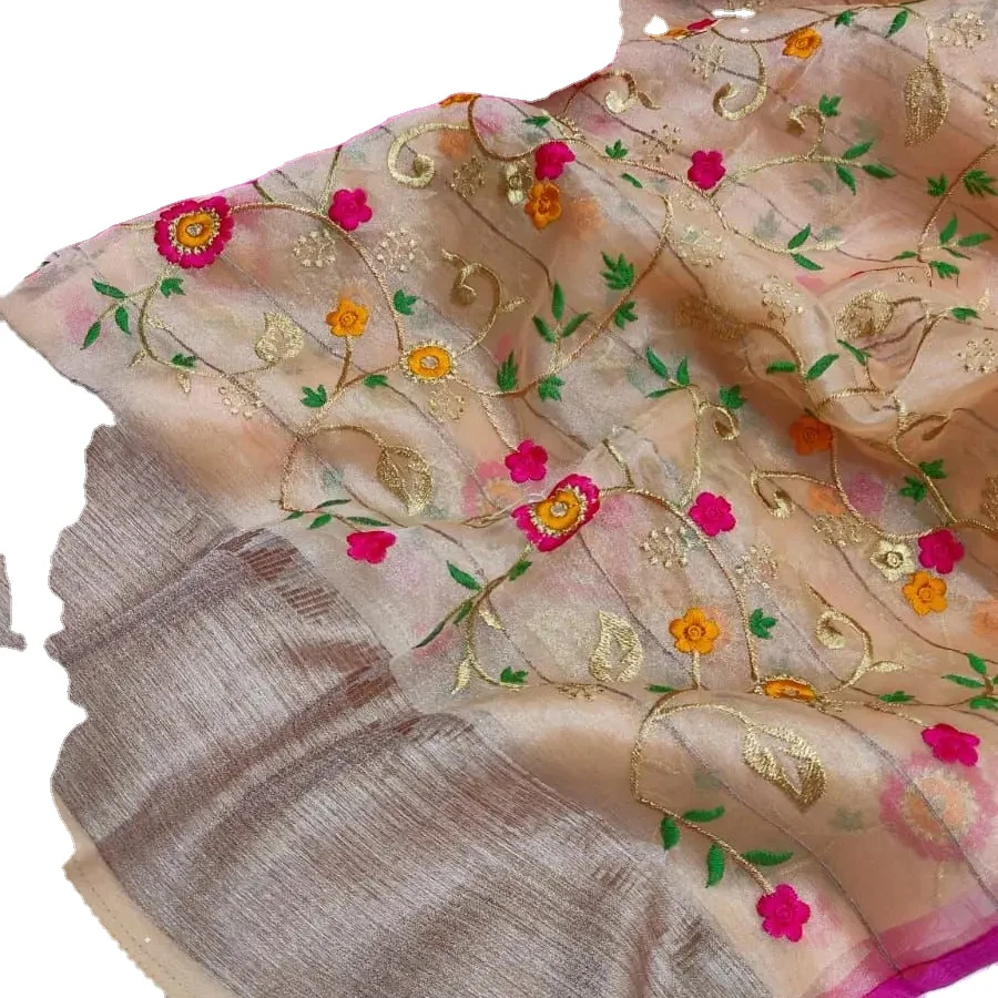 Bollywood Beautiful  Soft Organza silk multi color sari woven border and all over multi color heavy embroidery work