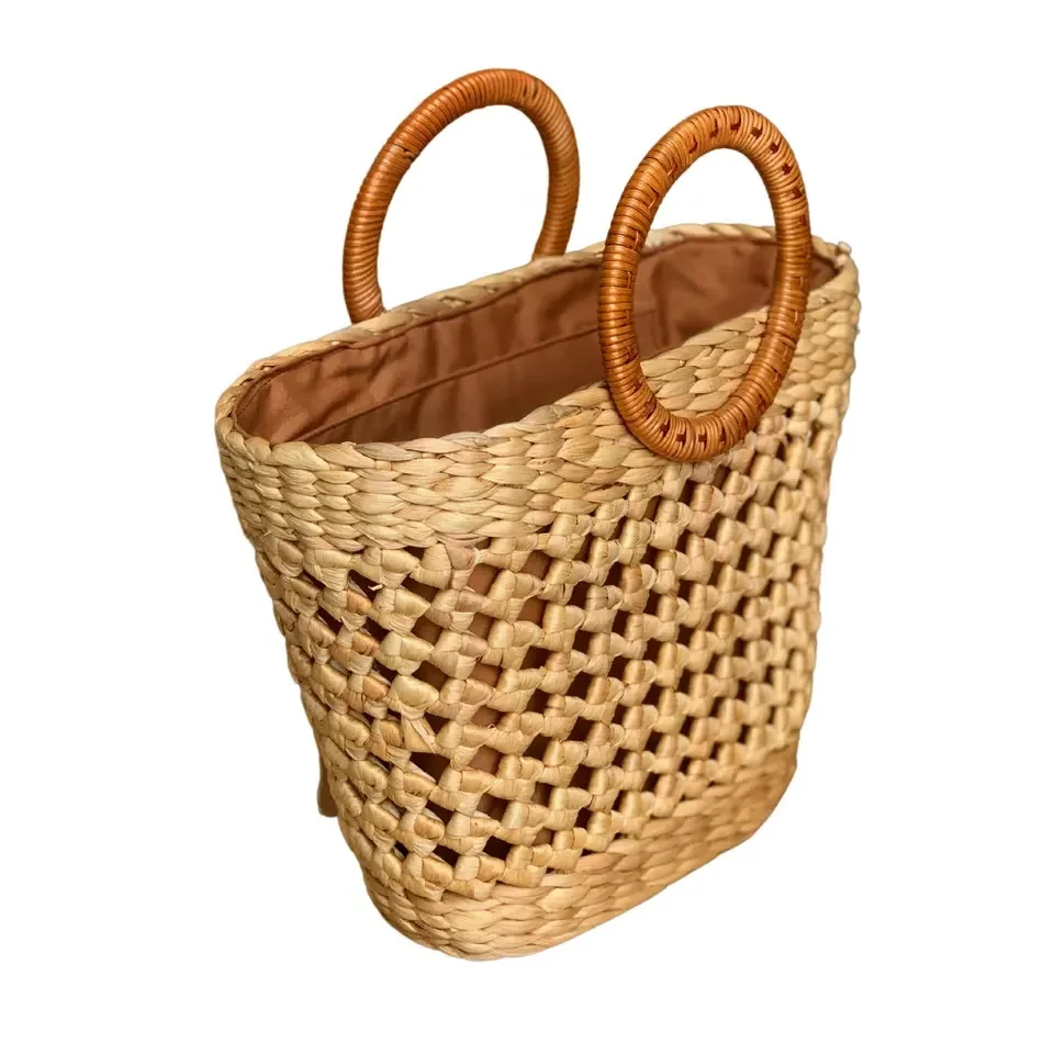 2023 New Arrival Vietnam Flowers Pearls Seagrass Handbags Ladies Half Moon Straw Woven Light Yellow PC Material Feather Gift