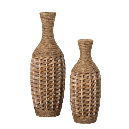 Wholesale Set Of 2 Organic Handmade Woven Rattan Vases Brown Bud Shaped Floor Vases Suitable For Artificial Flowers Decor Home