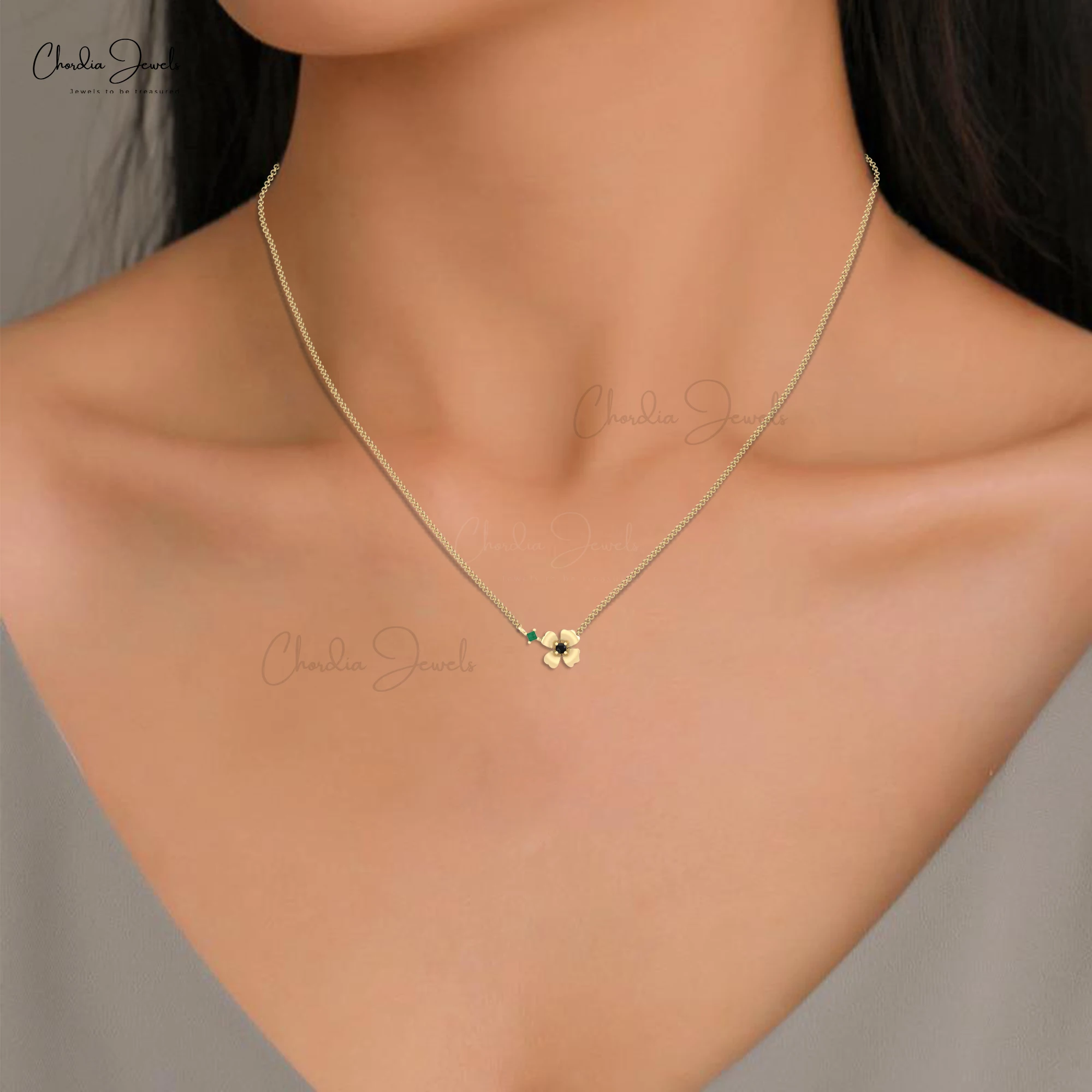 Trending Floral Necklace Real 14k Gold Pendant Necklace 0.05 Ct Square Emerald and Black Diamond Jewelry with Premium Packaging