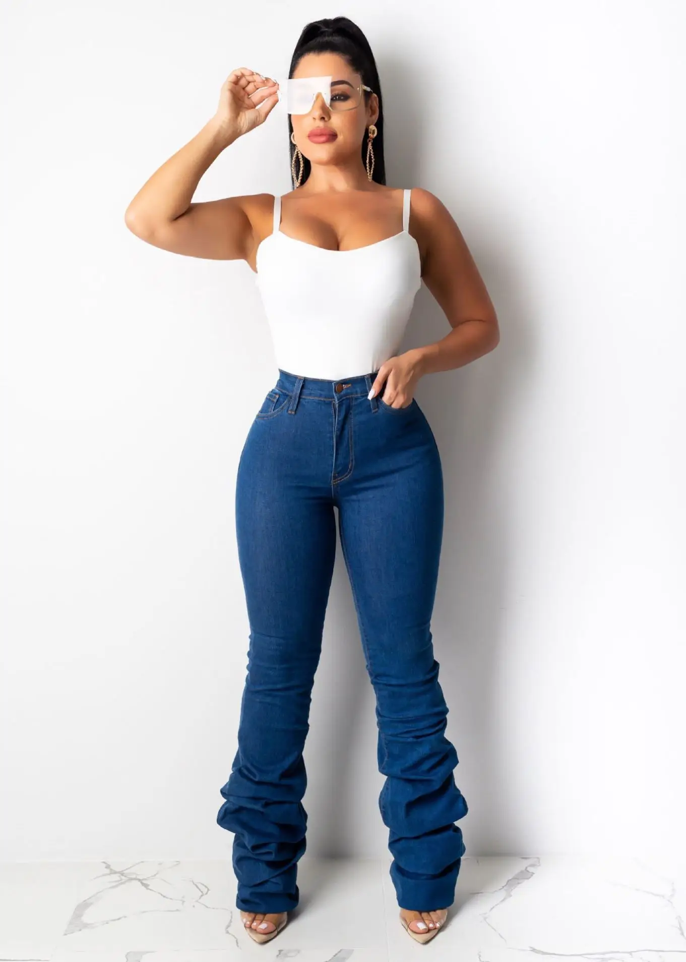 New Straight Hot sale pants wholesale stack women jeans high waist  wide pants denim Ladies Ripped Plus Size Denim Jeans
