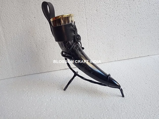 Best Quality Buffalo/Ox Drinking Horn with Leather Holder and Iron Stand  100% food safe for Drinking by BLOSSOM CRAFT INDIA