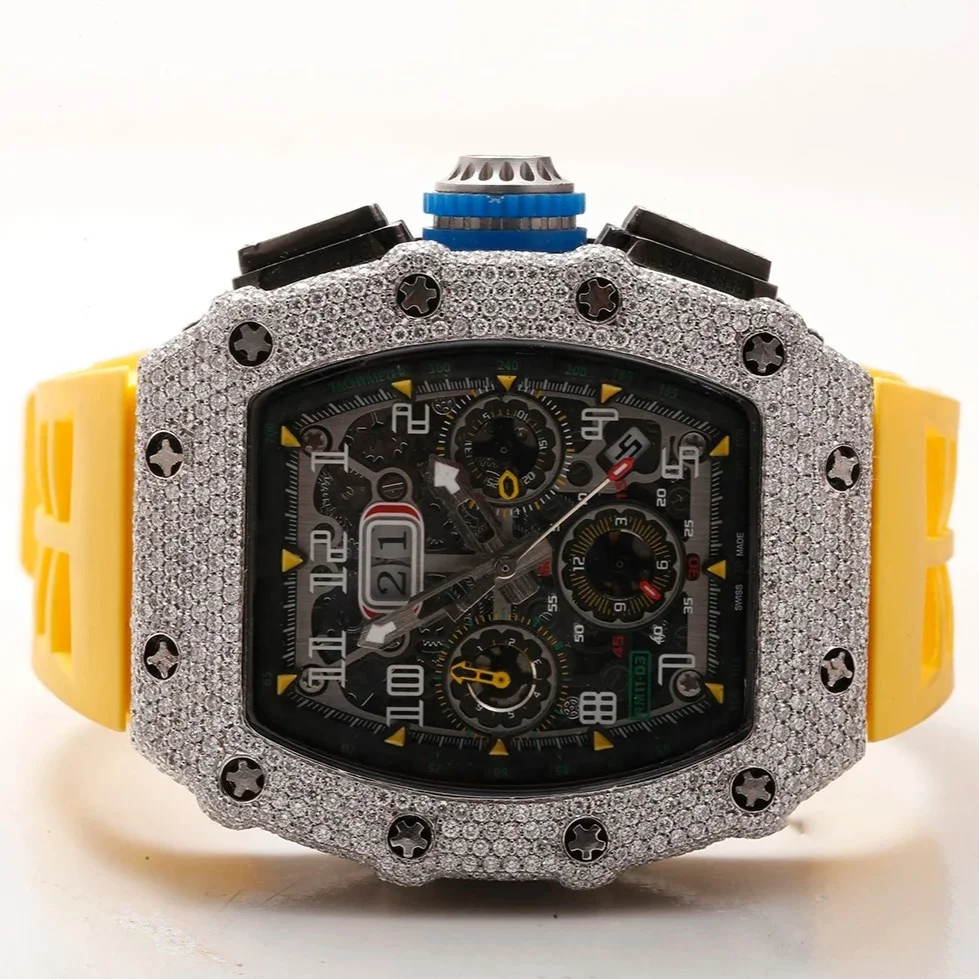 VVS Moissanite Watch Men Fashion Male Large Dial Hip Hop Diamond Rhinestone Quartz Analog Wrist Ice Out Watch For Men