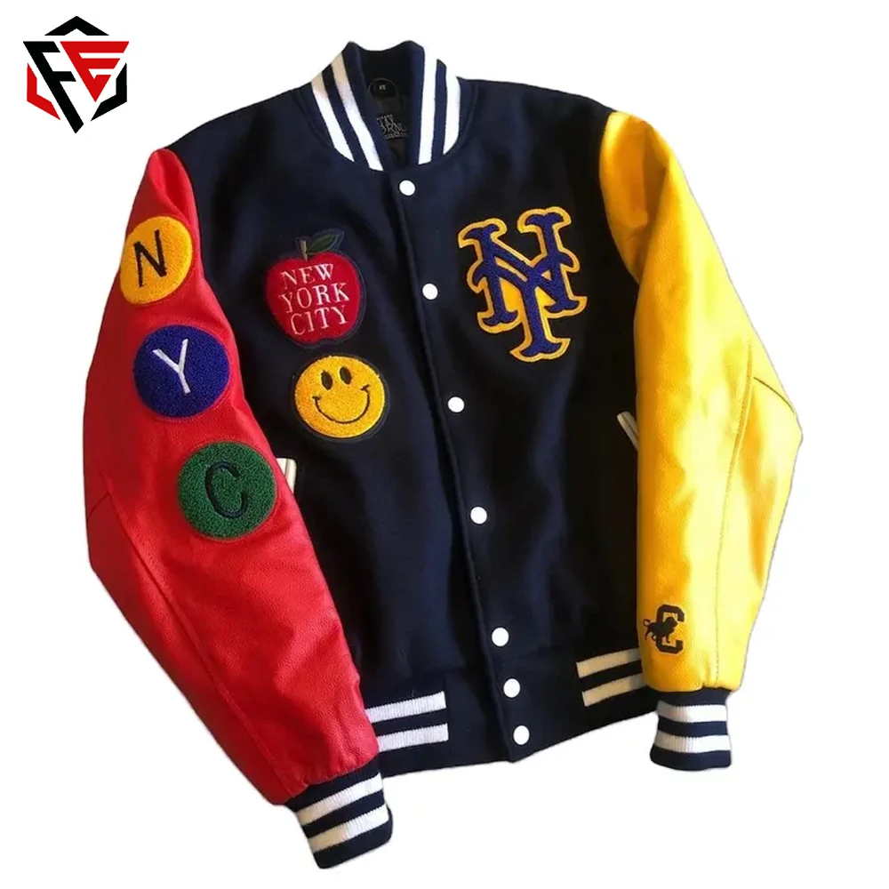Custom Made Varsity Jacket Yellow Red Sleeves Black Body Letterman Varsity Jacket with Custom Logos Lamb Skin Leather