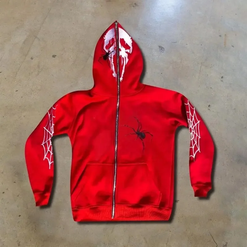 Red Full Zip Hoodie Sweatshirt Sp5der Hoodie Hip Hop EMO Clothes 3d puff printing 555 custom full face zip up hoodie