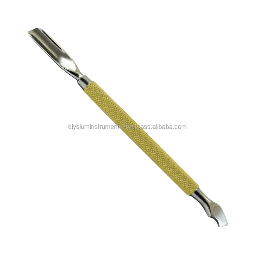 Yellow Powder Coat High Quality Double-ended Nail art Stainless Steel Spoon Cuticle Pusher Scraper Manicure Tool Private Label