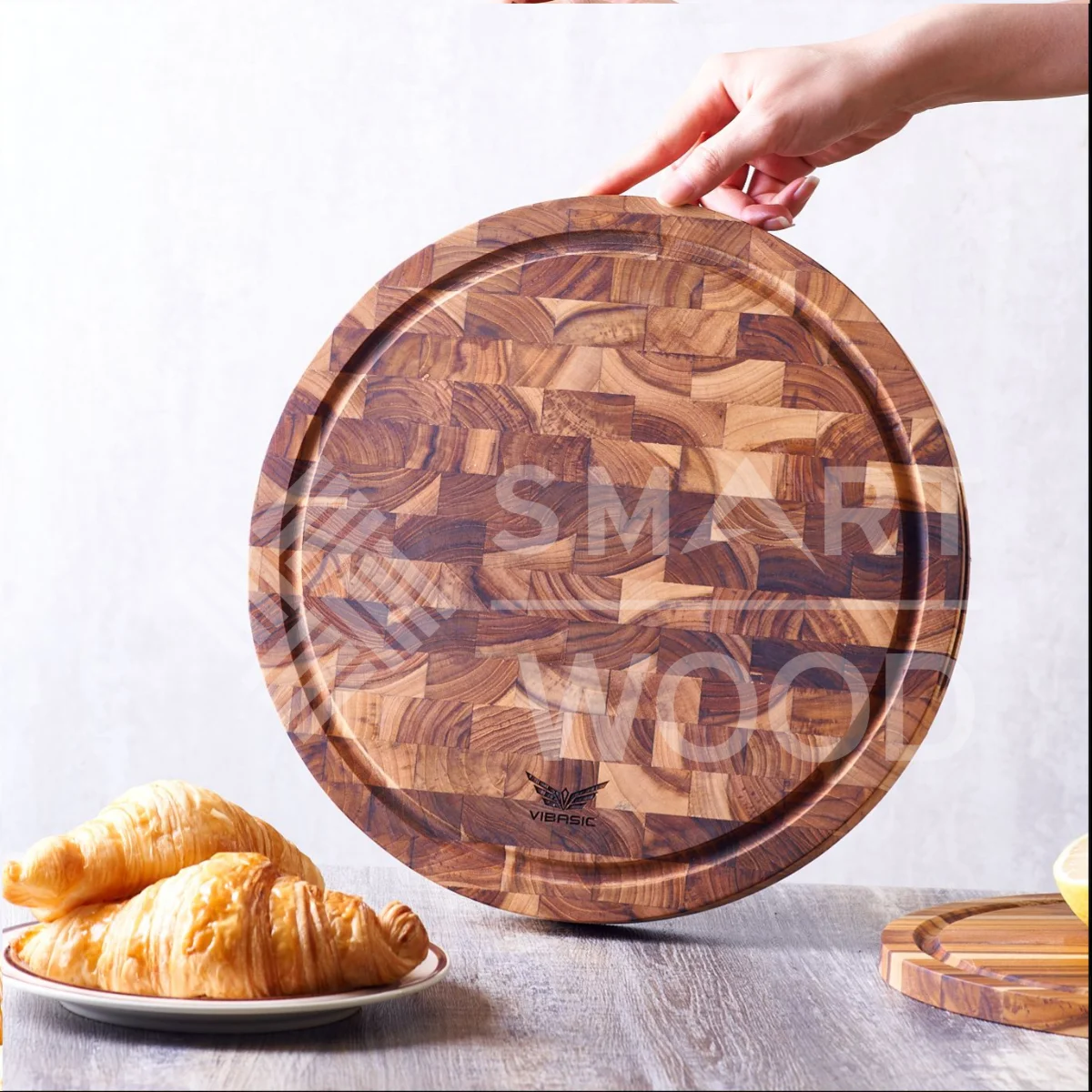 WHOLESALE PRICE - TEAK ROUND END GRAIN WOOD CHOPPING BLOCK GOOD QUALITY WITH HOLES NATURAL COLOR FOR KITCHEN