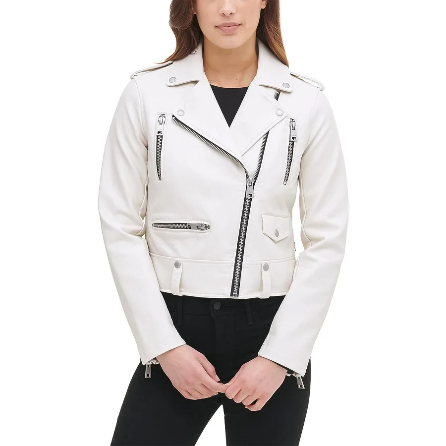 White Leather Jacket For Women Plain Cow Material Classic Pattern Wholesale Cheap Prices Hot Sale