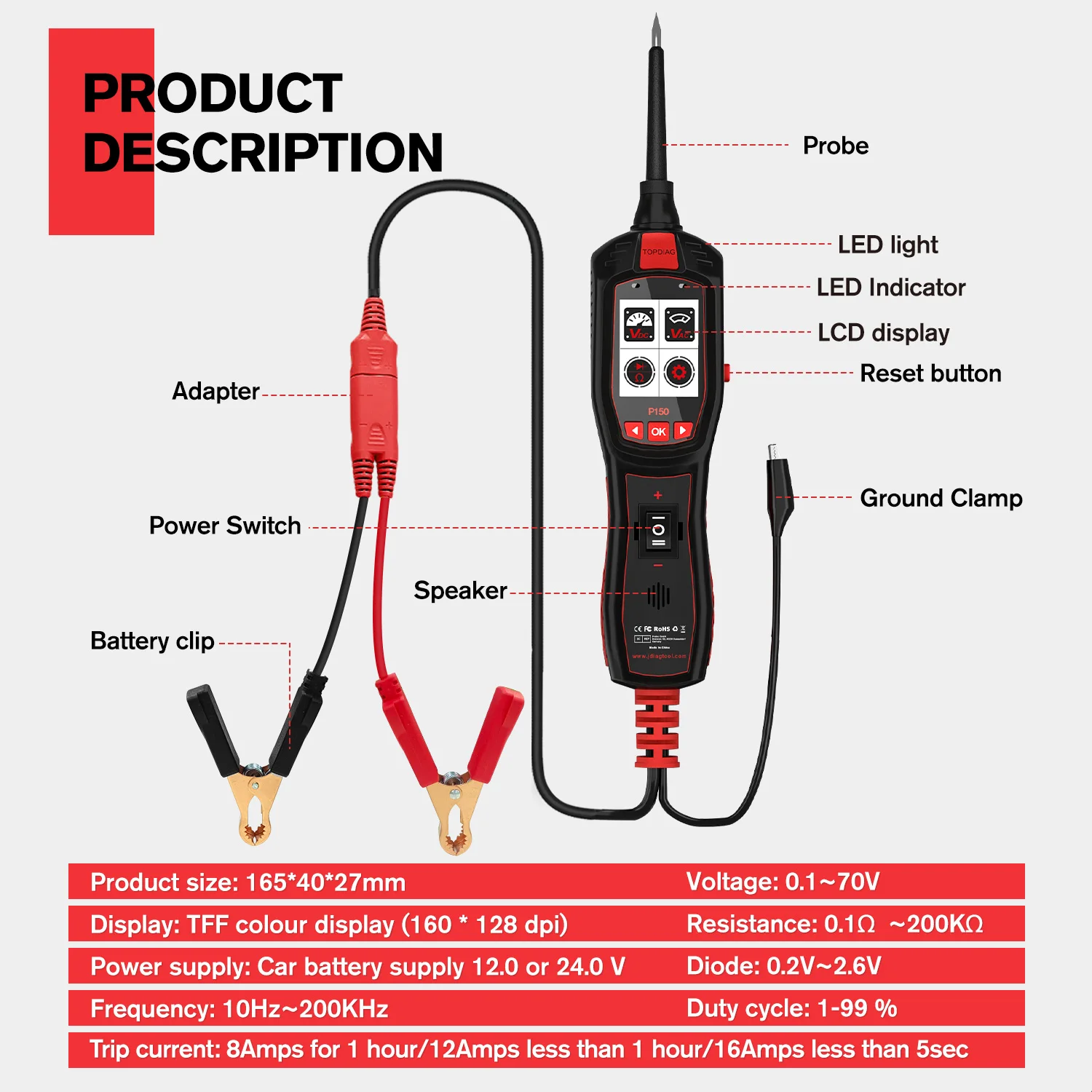 P150 Automotive Electric Circuit Tester Car Electrical System Tester Automobile Circuit Tester With Power Probe