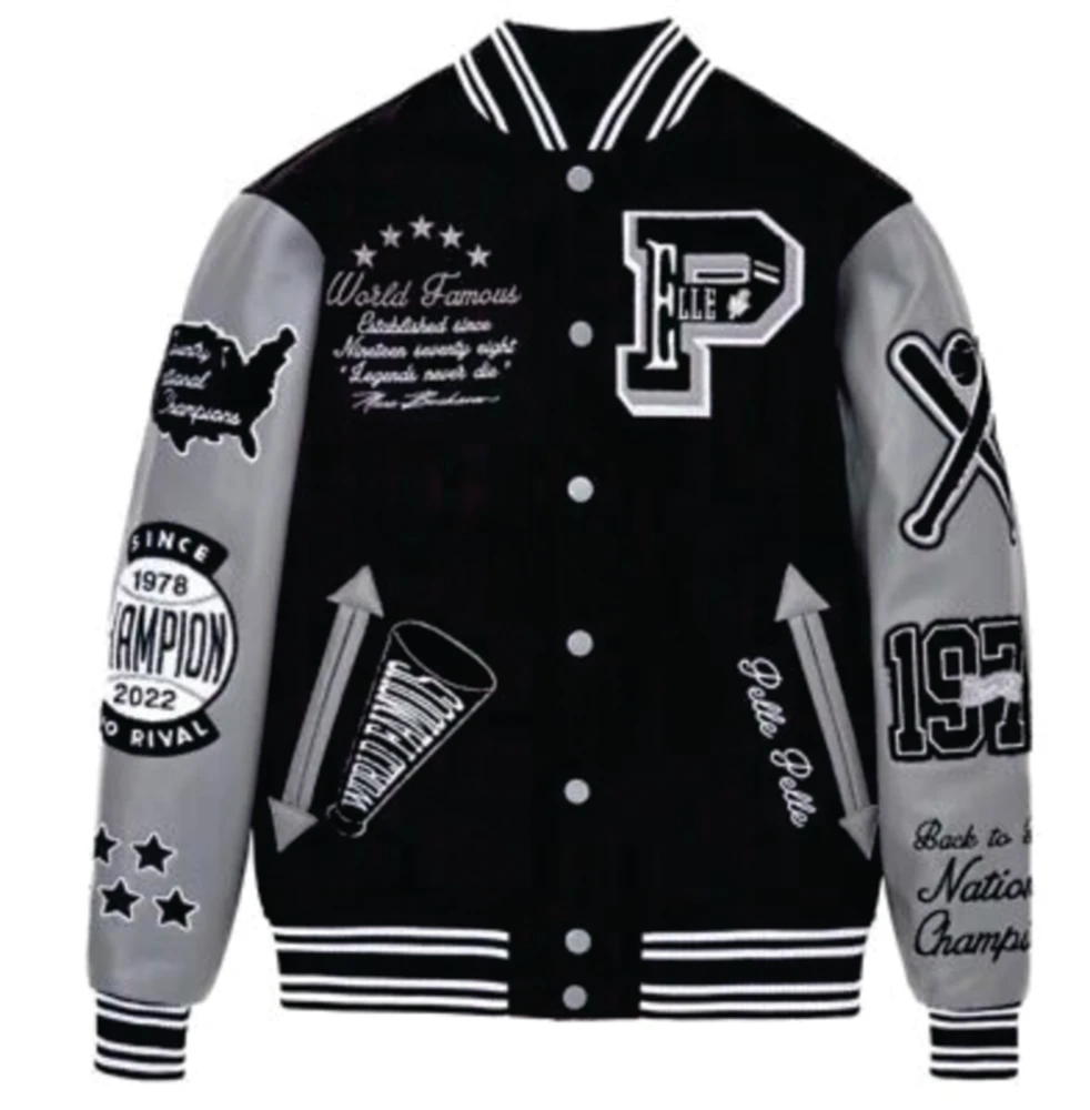 Premium Quality Letterman Baseball School College Bomber Varsity Jacket Grey & Black Genuine Leather Sleeves Jacket Men Women