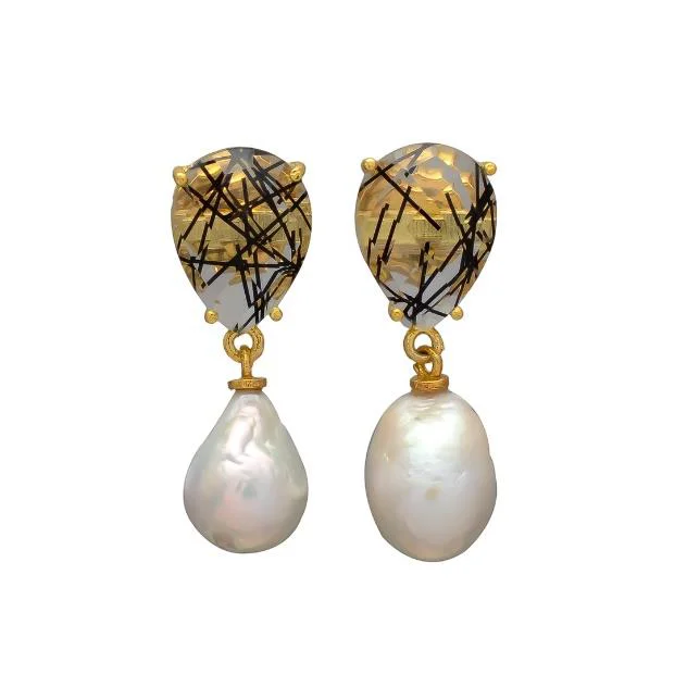 New Arrival Boroque Pearl & Rutile Hydro Gemstone 925 Sterling Pear Shape Silver Earrings