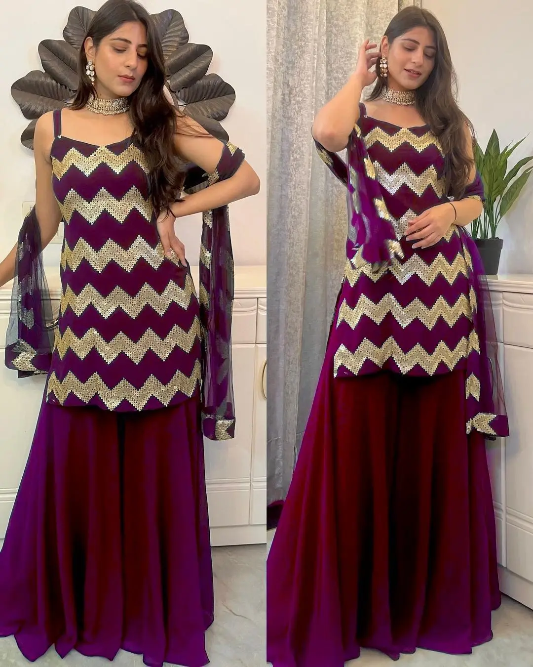 Beautiful Designer Suit  Georgette Febrics With Inner And Sequnce Work And Sharara Also