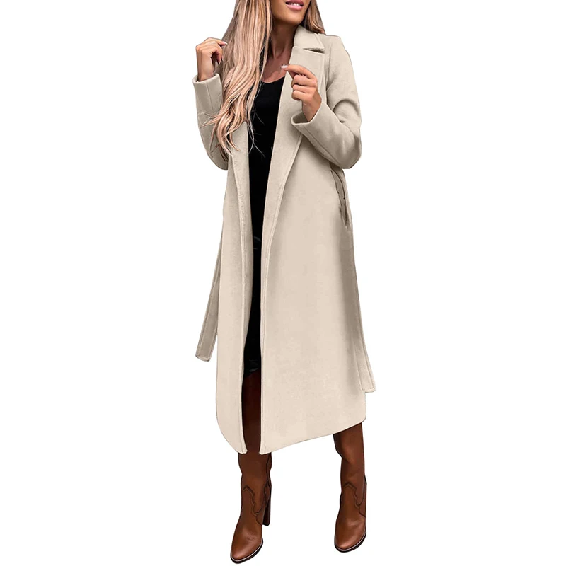 Custom Windproof Classic Lapel Winter Coats Wool Long Trench Coat Women with Belt