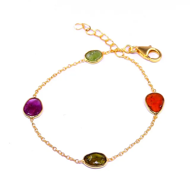 Handmade 925 Sterling Silver Gold Plated Multi Color Tourmaline Gemstones Ladies Wear Link Chain Bracelet