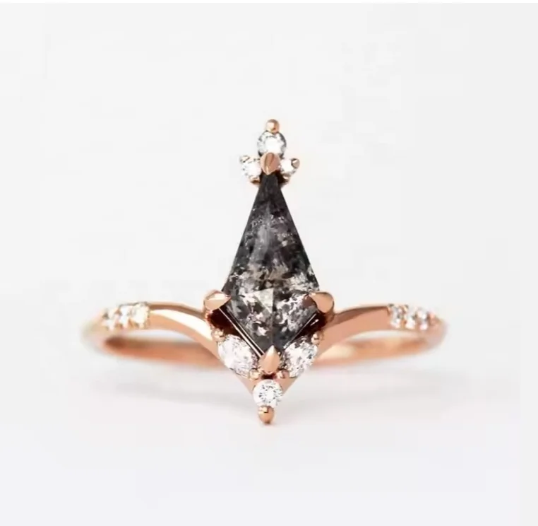 Rose Gold Plating 925 Sterling Silver Salt and Pepper Diamond CZ Ring Kite Cut Custom Jewelry Custom Ring