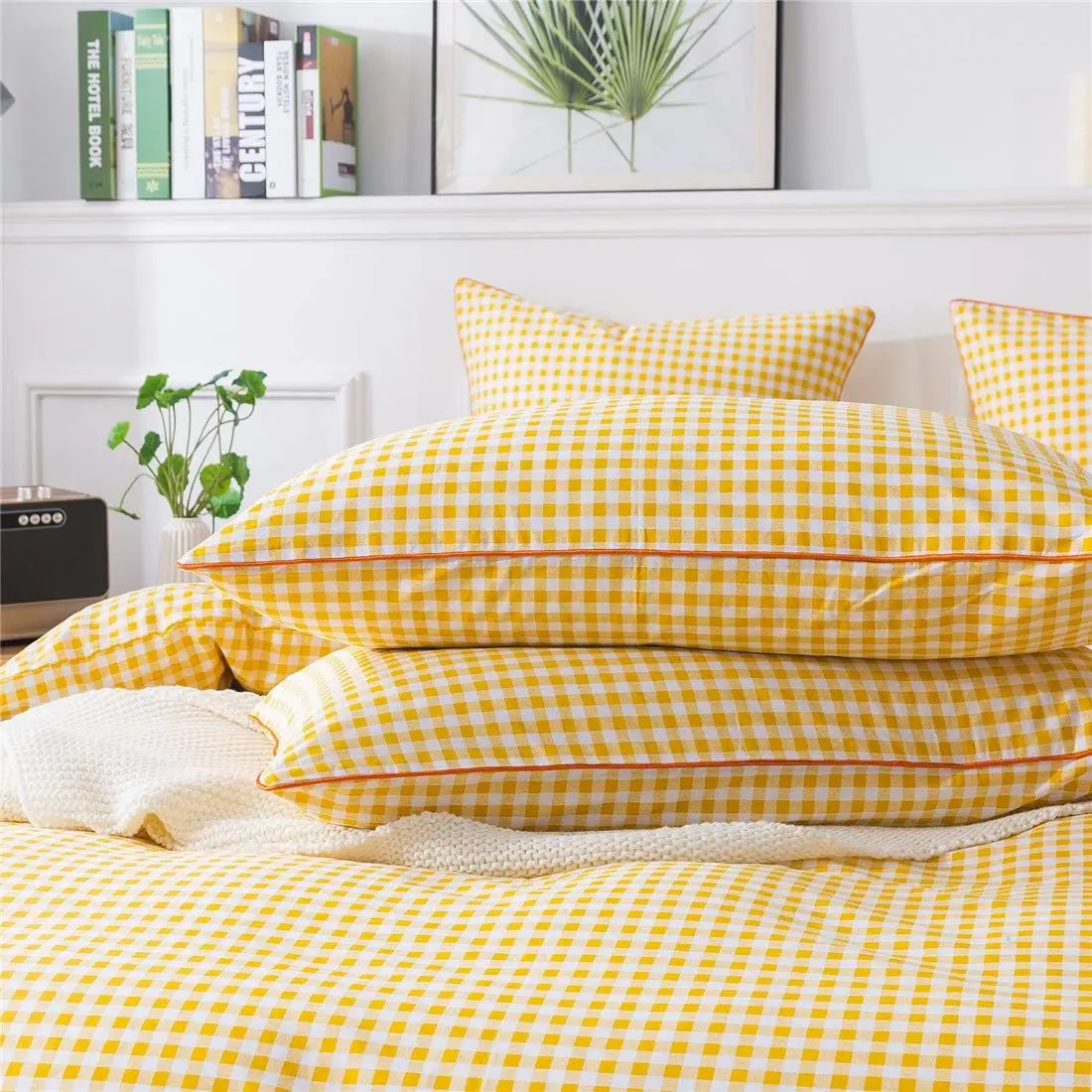 Yellow Plaid Duvet Cover Set Queen 100% Cotton Ultra Soft Grid Bedding Reversible Gingham Geometric Checker Bedding Set