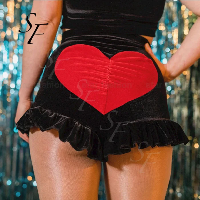 Custom summer sexy club color matching skinny heart bum peach butt velvet knickers ruffles women velour biker shorts