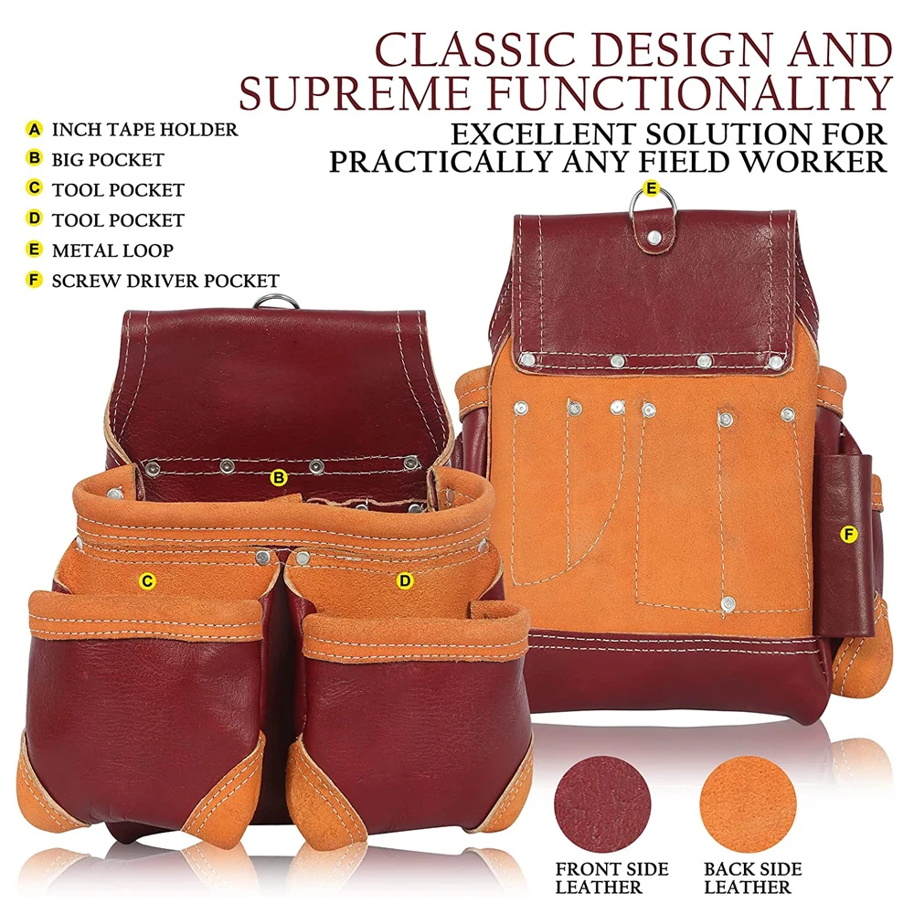 Top Quality Handmade leather tool Bag Storage Carpenter Construction Work 100% Genuine Leather Tool Pouch Tool Belt Set