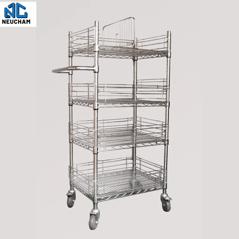 Chrome polishing wire mesh spare parts storage trolley pickup cart storage shelves with wire protection net and divider