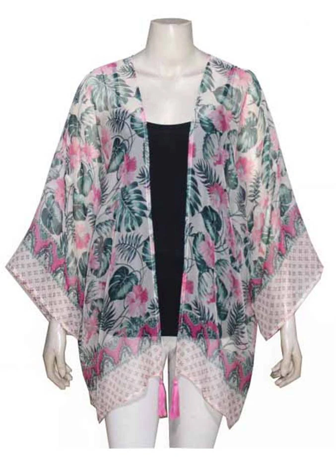 Ladies Kimono Robe Luxury Long Sleeve Sexy Women Robs Femme 100% poly chiffon tassel embellishment print front open kimono wrap