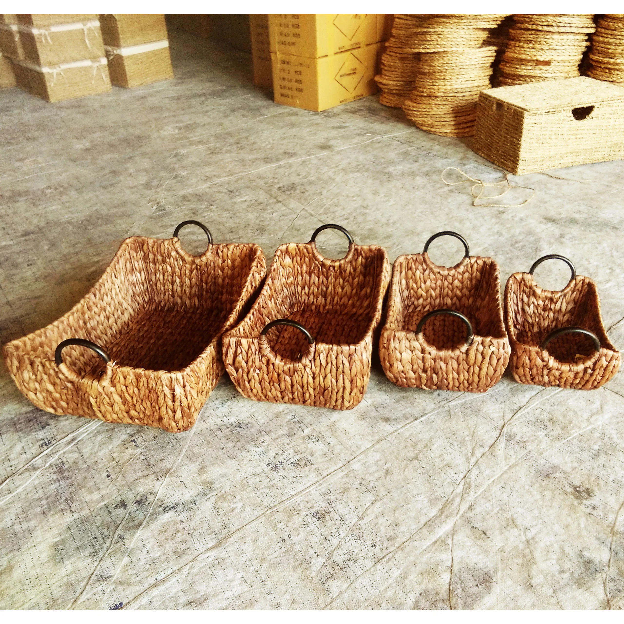 Handicrafts Water Hyacinth Laundry Baskets Set of Four Iron Frame Brown Washed