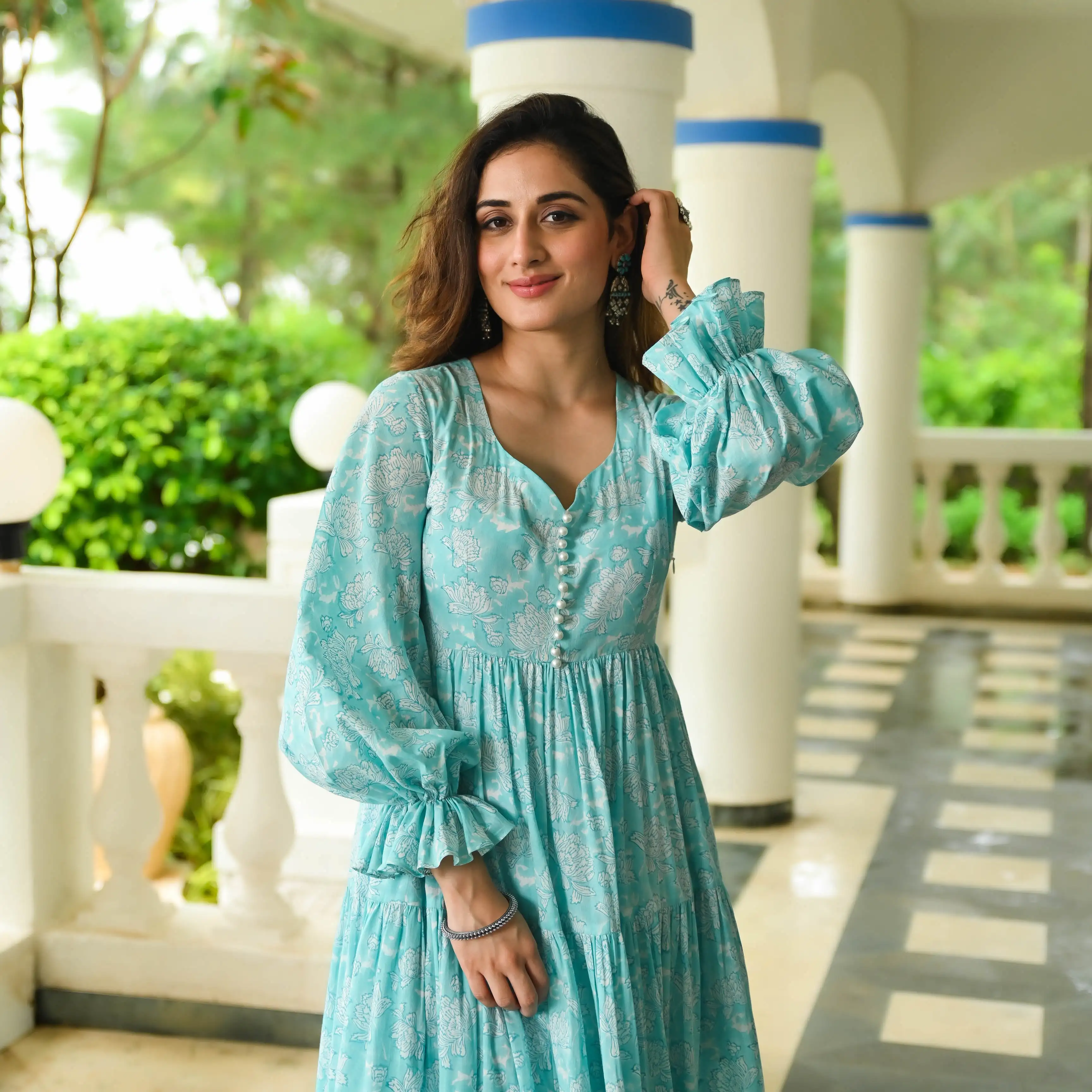 Модные индийские платья для женщин цветочный принт длинный рукав v-образный вырез длина в пол вечернее платье Макси