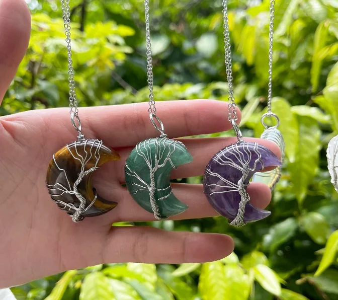 Wire Wrapped Moon Pendant Tree of life Chakra Jewelry Pendants Amethyst Rose Chakra Crystal Gemstone Necklace