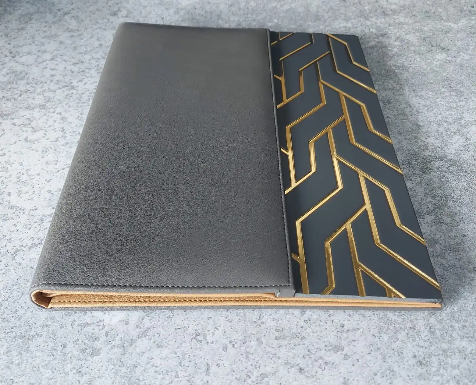 Wholesale Custom A4 Modern Vegan Leather Dessert Menu Folders Grey with Wood Panel PU Material for Hotels and Restaurants