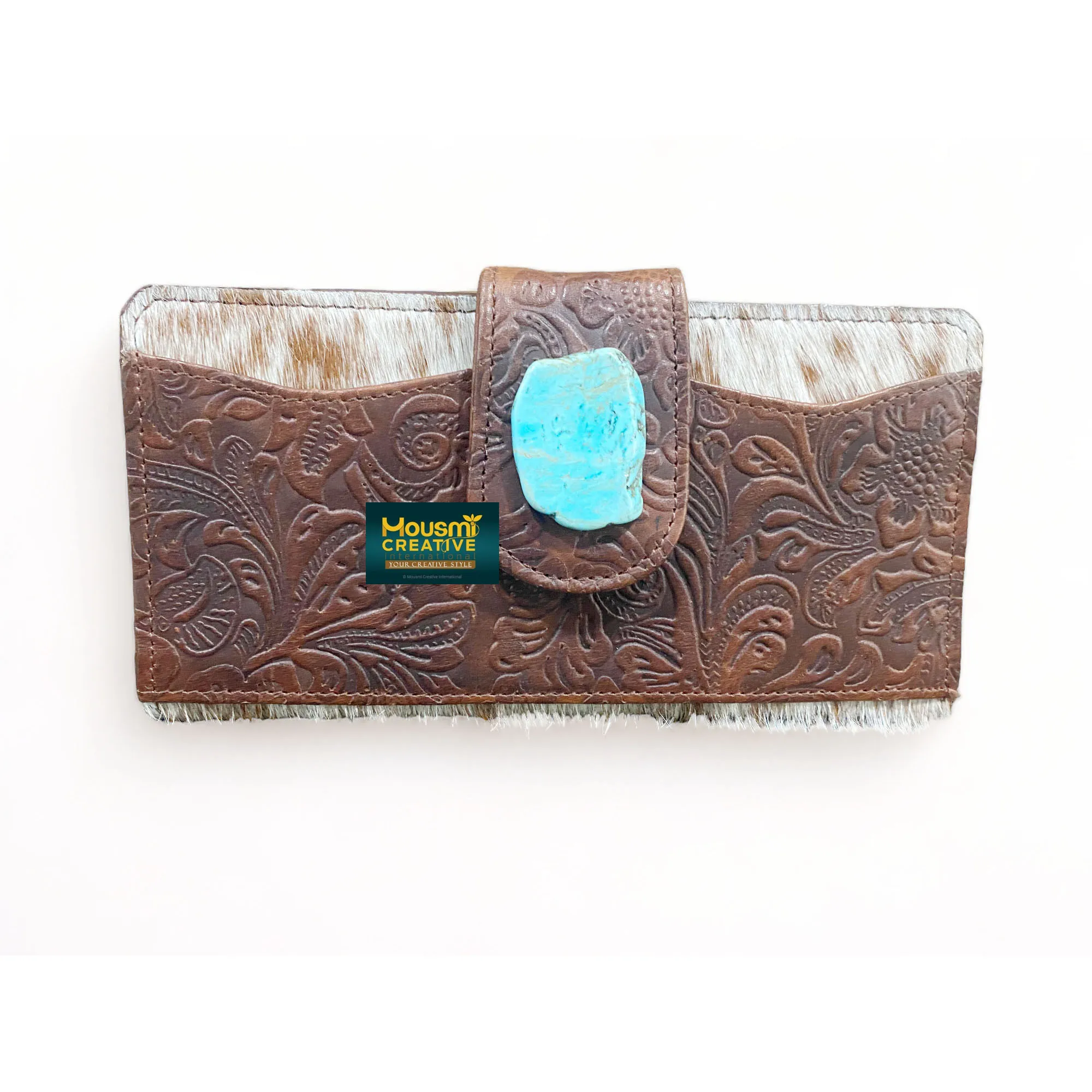 OEM Manufacturer Women Clutch Bag Cowhide Acid Wash Hair on Leather Flower Embossed External Pocket Outside Ladies Clutch Bag