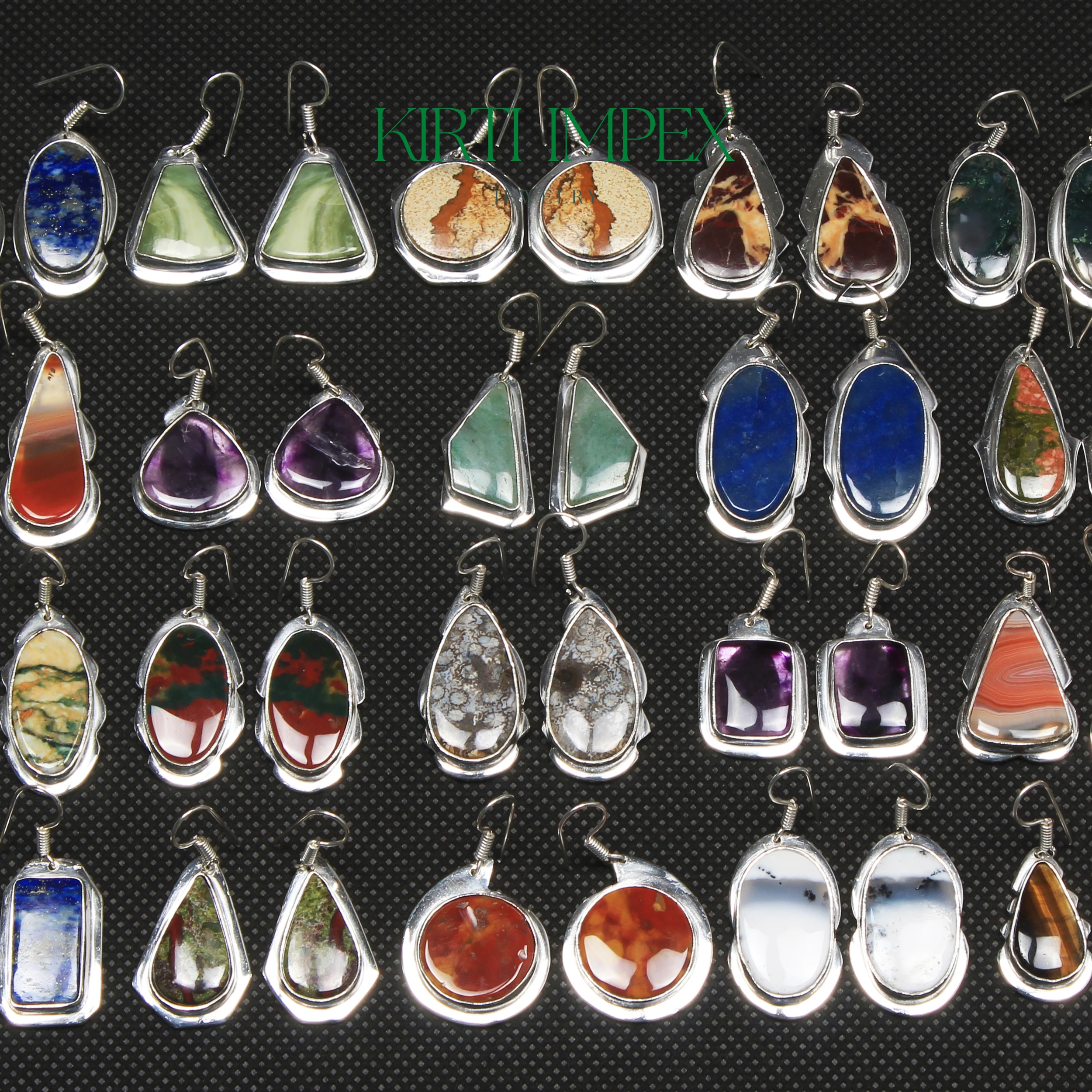 Wholesale Silver-Plated Gemstone Earrings Set - Assorted Crystal and Healing Stones for Women girls Bohemian Design Gem Eatrings