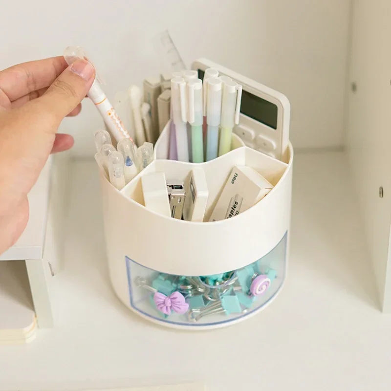 Cute Rotating Pen Holder Desktop Drawer Stationery Box Case School Office Desk Kawaii Stationery Storage Box Organizer Stickers