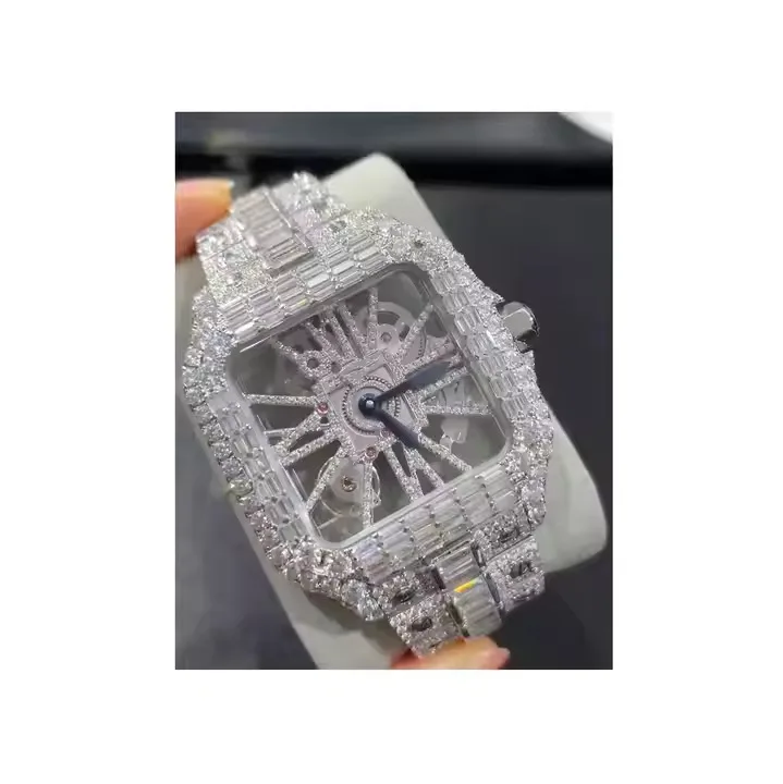 Baguette Cut High Quality Moissanite Full Iced Out Square Face Skeleton Watch With Swiss ETA Fully Automatic Movement
