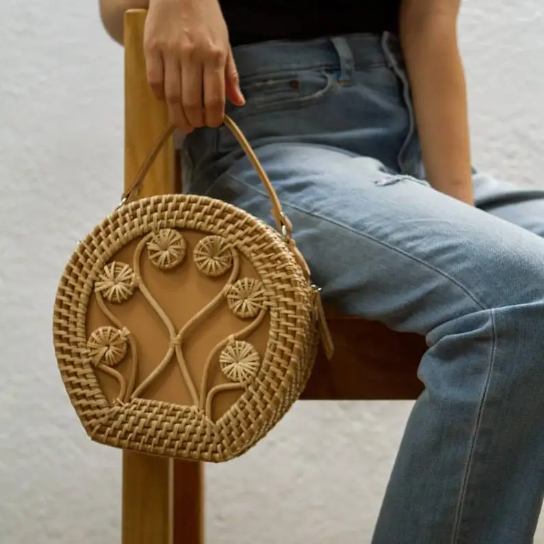 Natural Woven Straw Rattan Handbag Eco-friendly Green Fashion Women Bags Vintage Design with Strap Made in Vietnam FBA Amazon