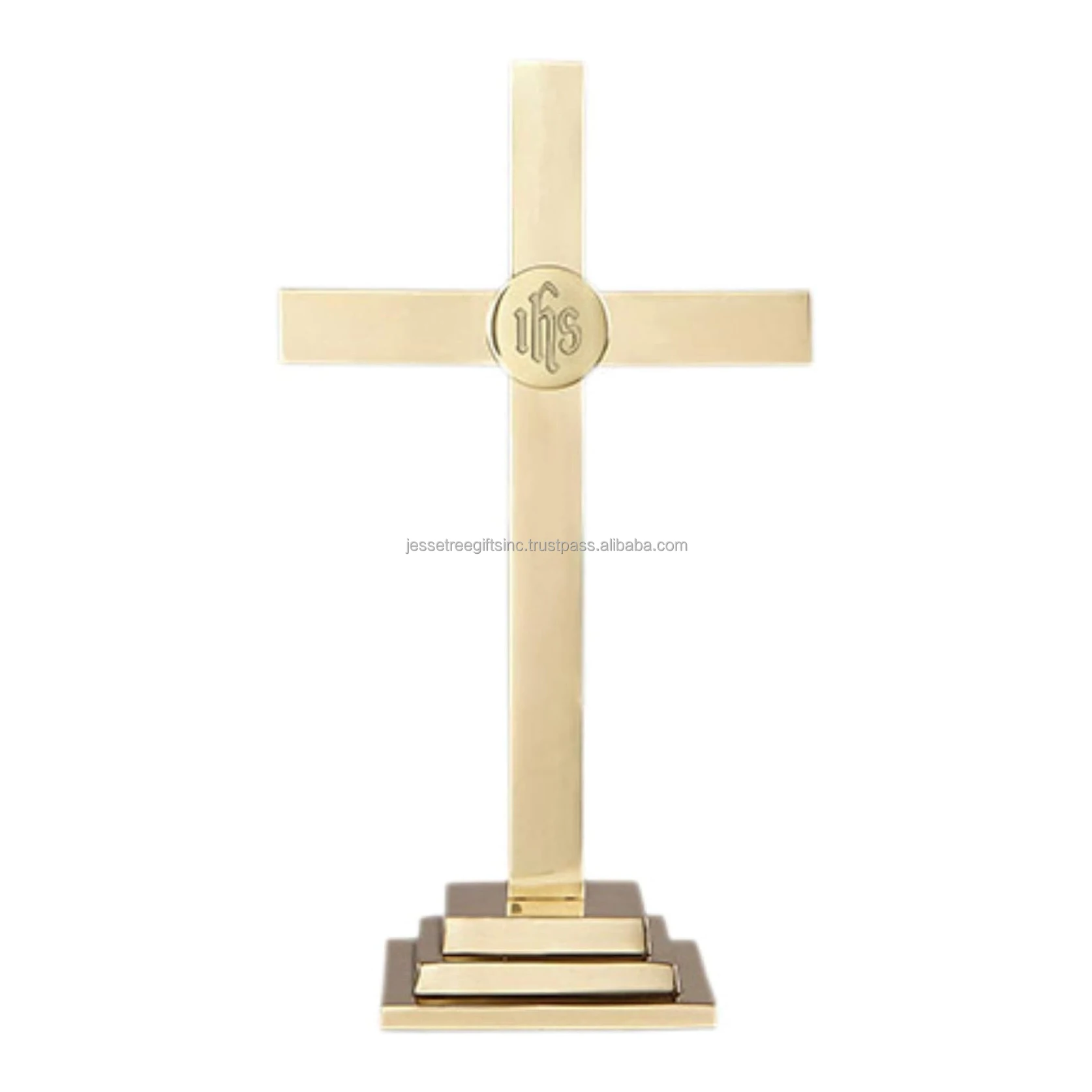 Metal Tabletop Cross With Shiny Brass Polish Finishing Embossed Design Excellent Quality For Church Wholesale Price