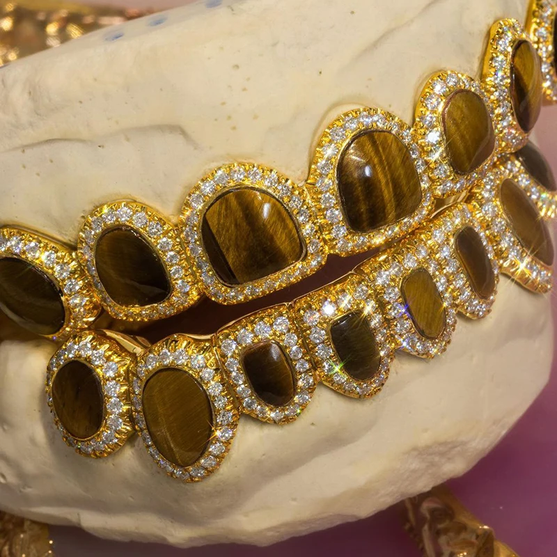 Honeycomb Custom Moissanite Opel Grillz Round Perm Cut 18k Gold Plated VVS Diamond Hip Hop Iced Out Jewelry Grillz