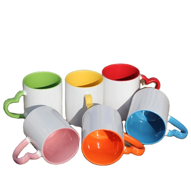 China Heat Transfer Blank Inner Color Coating Coffee Travel Sublimation Custom Ceramic Mug With Heart Handle